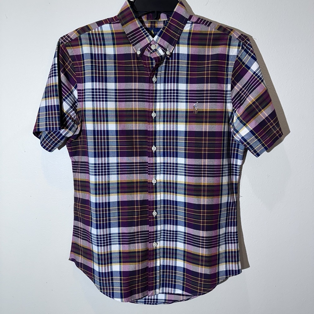 RALPH LAUREN Slim Fit M‎ Button Down Short Sleeve Plaid Multicolor Cotton Preppy